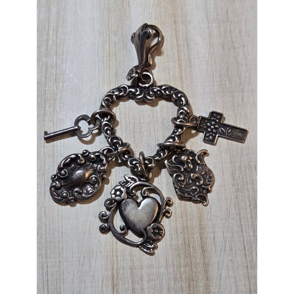 Vintage NF Sterling Silver Charm Fob Key Cross Heart Ornate 10.50g